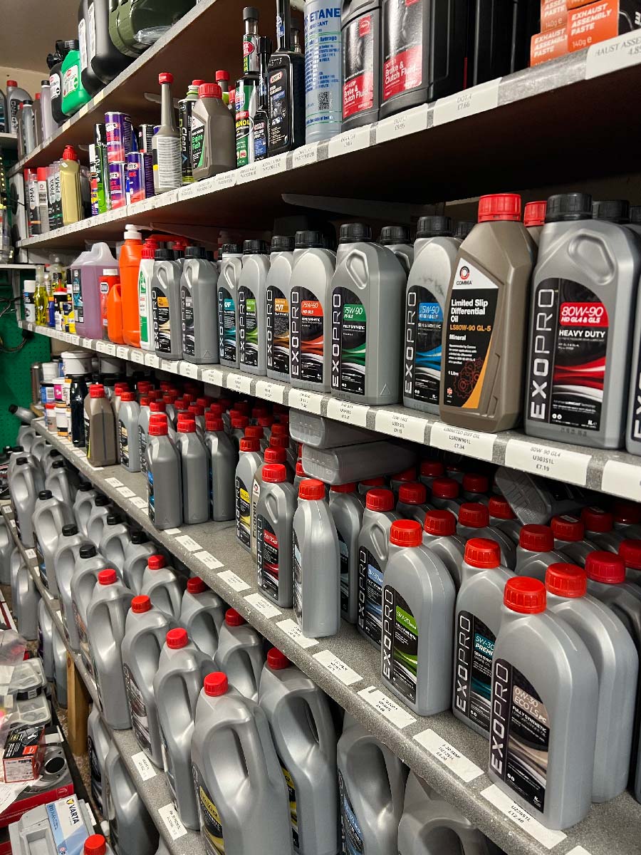 Engine and gear oils on the shelves at Cobra Motor Components