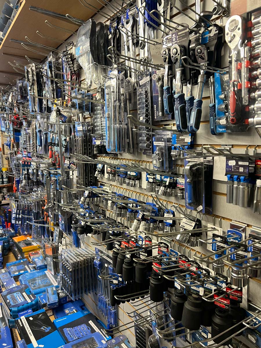 Laser Tools and Tool Zone hand tools on the wall at Cobra Motor Components